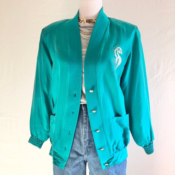 Vintage 80s Sail Away Royal Cruise Line Silk Blazer Turquoise Nautical Size S - Picture 2 of 11